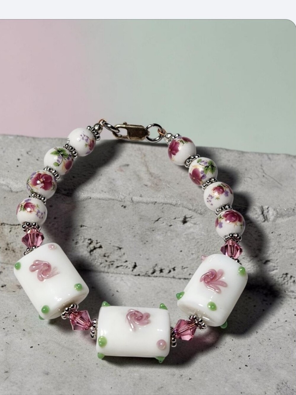 Artisan White Glass Bead Bracelet with Pink Floral Accents